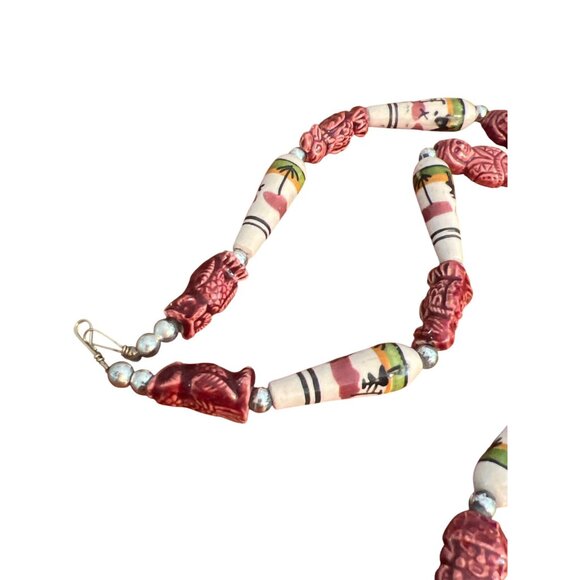 Vintage Peruvian Handpainted Ceramic Bead Necklace Llama Owl Eagle Hook Estate - Picture 4 of 5
